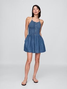 GAP Smocked Pintuck Halter Denim Mini Dress - Blue - Small